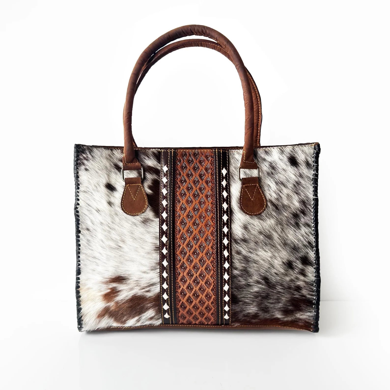 Artisan Cowhide tooled Leather Tote Bag: Handcrafted Shoulder Bag